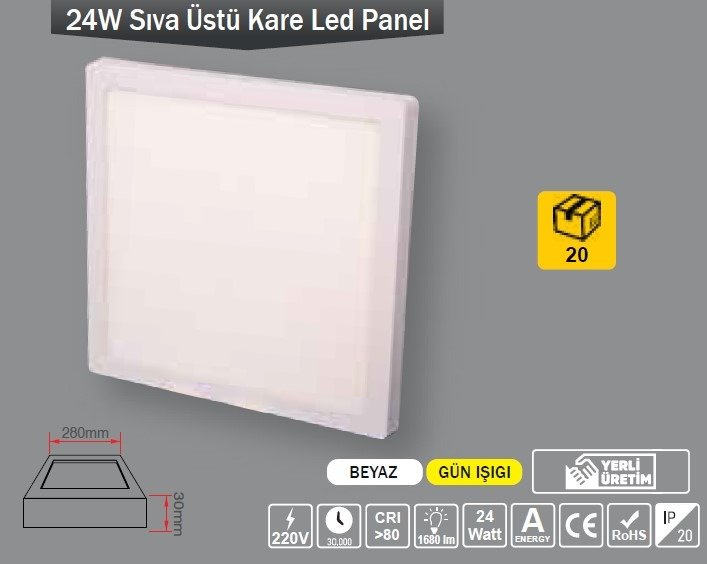 PANEL LED KARE 24W 6400K 28*28 S.Ü